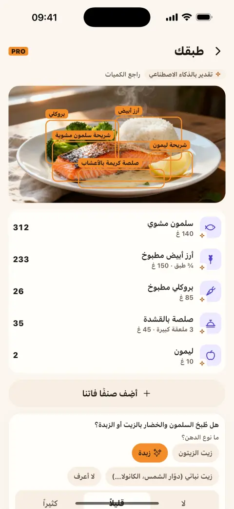 شاشة طبقك: صورة سلمون وأرز بعد تحليلها، مع وسم التقدير بالذكاء الاصطناعي