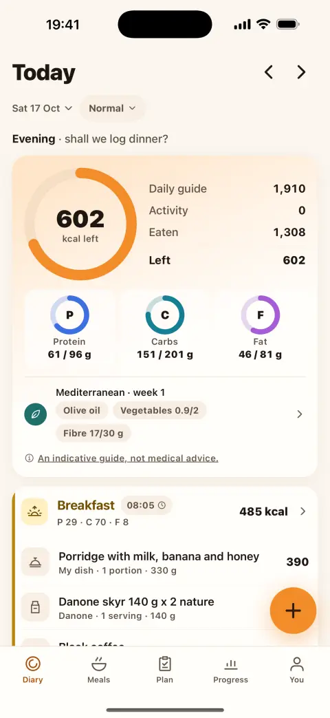 The Diary: 602 kcal left, the macros and a logged breakfast