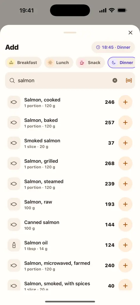 The Add screen: a search for salmon and its portions