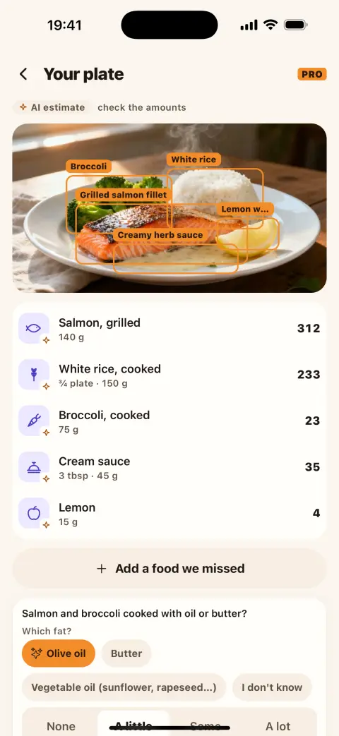 The Your plate screen: a photo of salmon and rice, analysed, with the AI estimate label