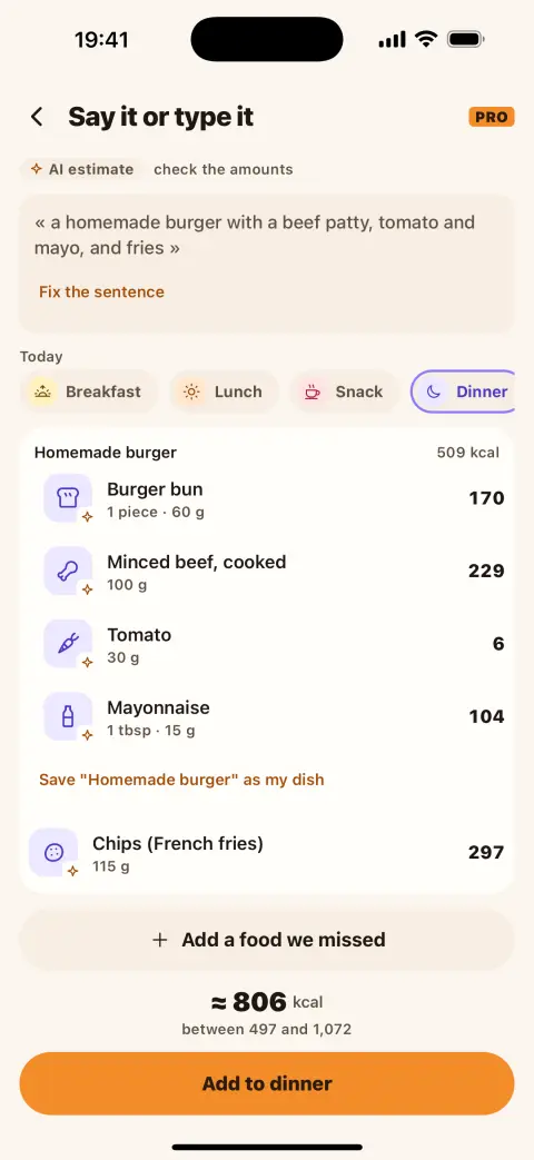 The Say it or type it screen: a sentence turned into a burger bun, beef, tomato and chips
