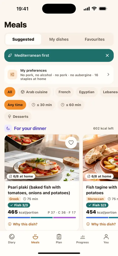 The Meals screen with recipes suggested for dinner