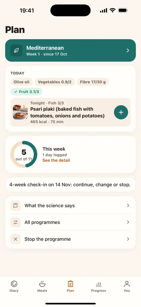 The Plan screen with the Mediterranean programme and its weekly score