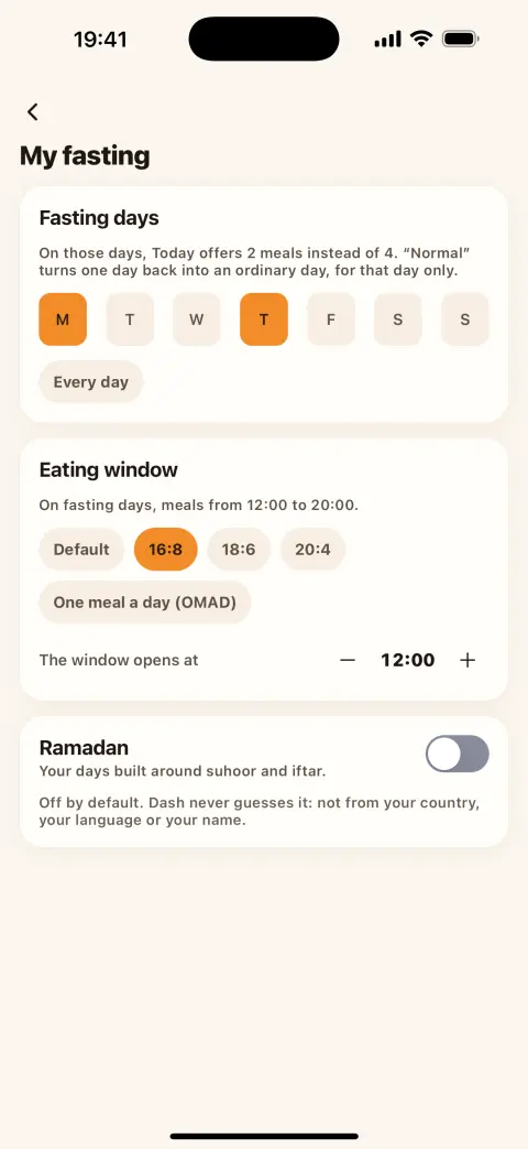 The My fasting screen: fasting days, a 16:8 window and Ramadan switched off