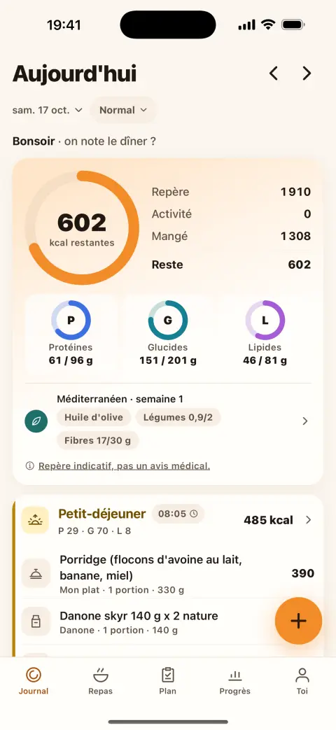Le Journal : 602 kcal restantes, les macros et le petit-déjeuner noté