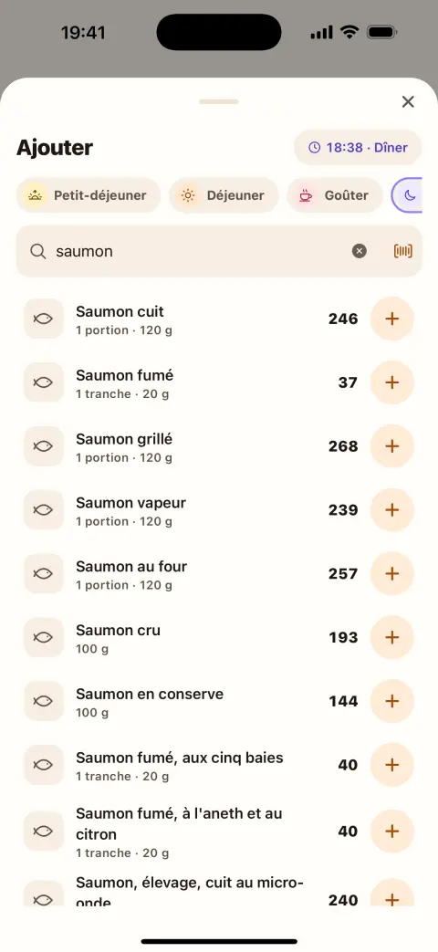 L'écran Ajouter : une recherche « saumon » et ses portions