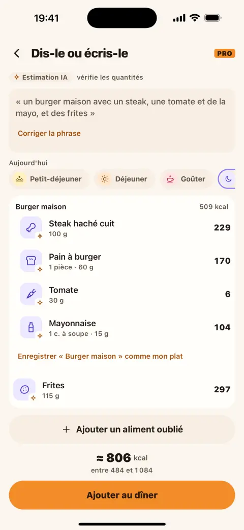 L'écran Dis-le ou écris-le : une phrase transformée en burger, pain, tomate et frites