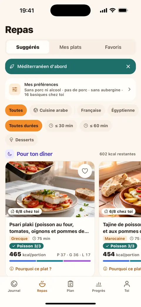 L'écran Repas avec des recettes suggérées pour le dîner
