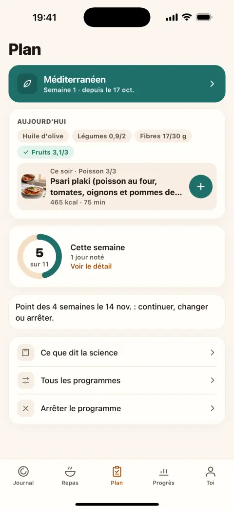 L'écran Plan avec le programme méditerranéen et le score de la semaine
