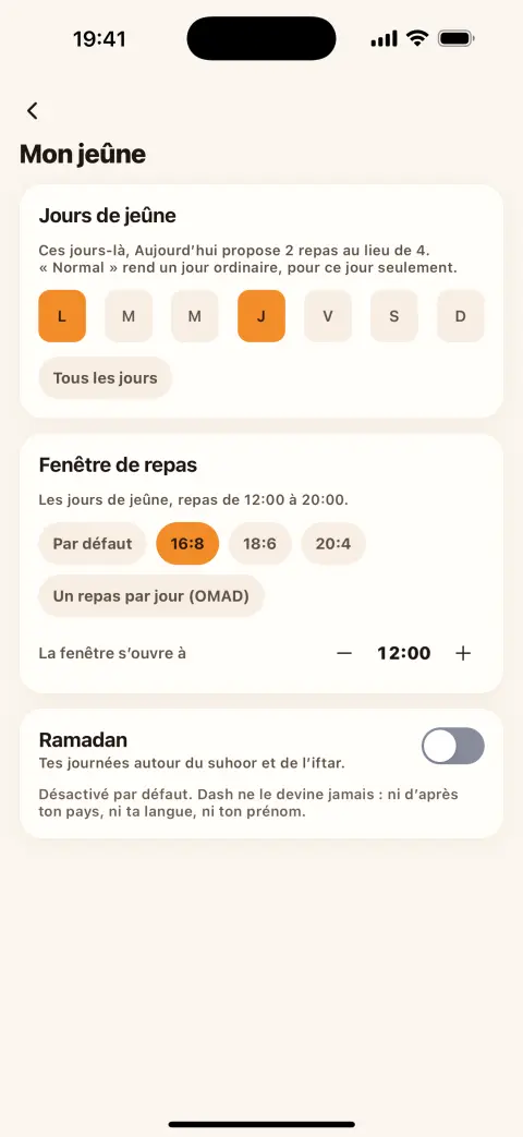 L'écran Mon jeûne : jours de jeûne, fenêtre 16:8 et Ramadan désactivé